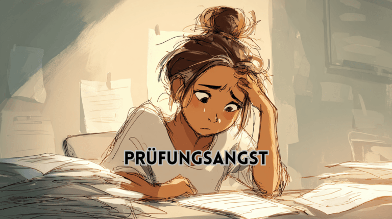 Illustration einer lernenden Person mit sichtbarem Stress als Darstellung von Prüfungsangst.