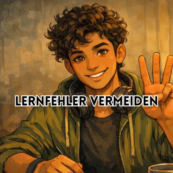 Lernfehler vermeiden – Illustration einer Person, die drei Finger hochhält, symbolisch für drei typische Fehler beim Lernen.