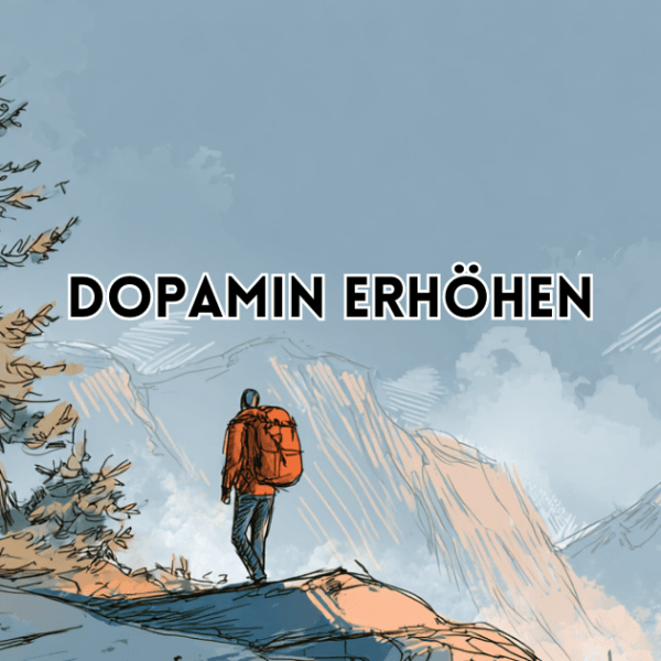 Dopamin erhöhen – Illustration einer Person mit Rucksack in Berglandschaft als symbolische Darstellung von Motivation und Antrieb.