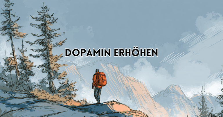 Dopamin erhöhen – Illustration einer Person mit Rucksack in Berglandschaft als symbolische Darstellung von Motivation und Antrieb.