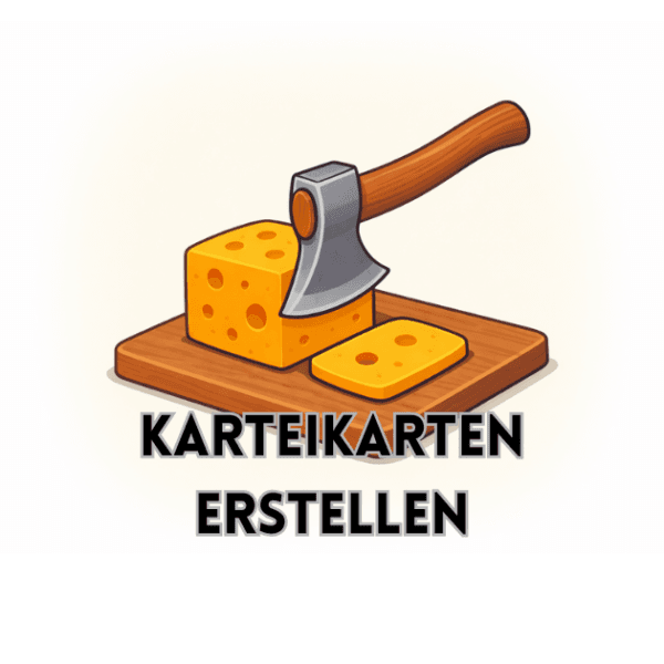 Anki Karteikarten erstellen – Illustration eines Käseblocks mit Axt als symbolische Darstellung des Zerlegens von Lernstoff in kleine Lerneinheiten.