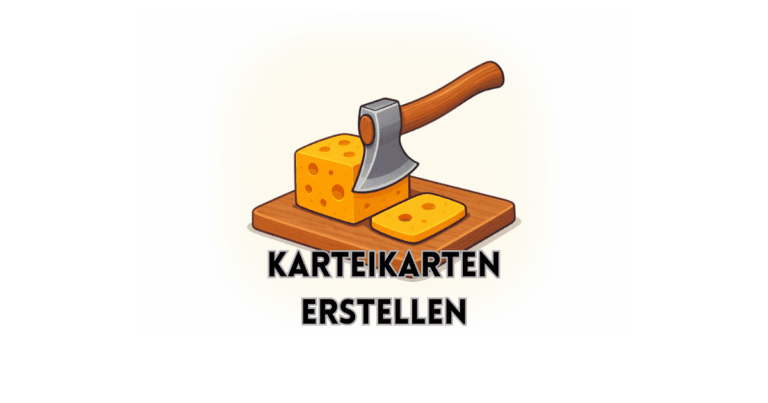 Anki Karteikarten erstellen – Illustration eines Käseblocks mit Axt als symbolische Darstellung des Zerlegens von Lernstoff in kleine Lerneinheiten.