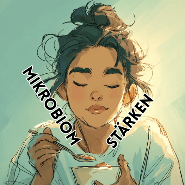 Darmmikrobiom stärken – Illustration einer Person mit geschlossenen Augen, die achtsam aus einer Schale isst, symbolisch für Darmgesundheit und bewusste Ernährung.