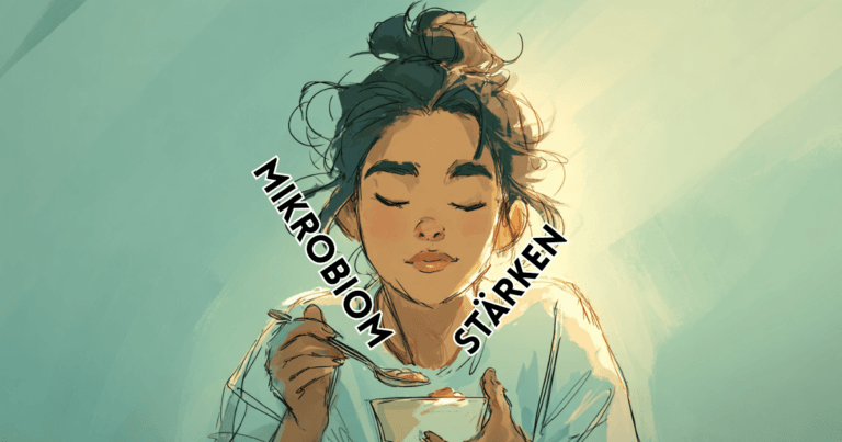 Darmmikrobiom stärken – Illustration einer Person mit geschlossenen Augen, die achtsam aus einer Schale isst, symbolisch für Darmgesundheit und bewusste Ernährung.