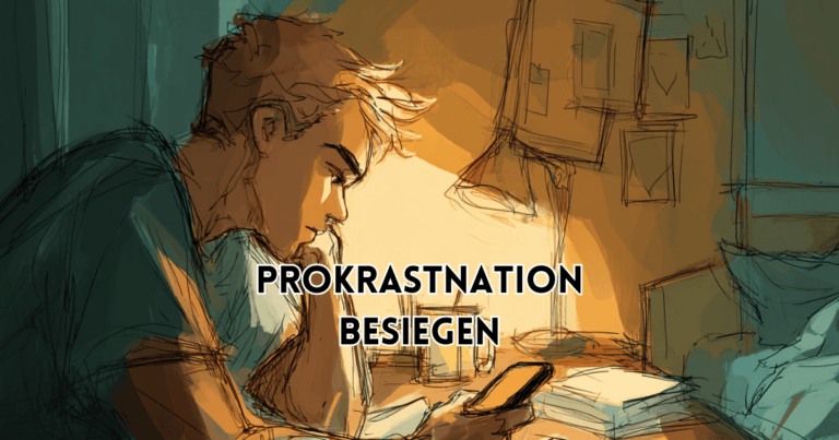 Prokrastination besiegen – Illustration einer nachdenklichen Person am Schreibtisch mit Smartphone als Darstellung von Aufschieben im Arbeitskontext.