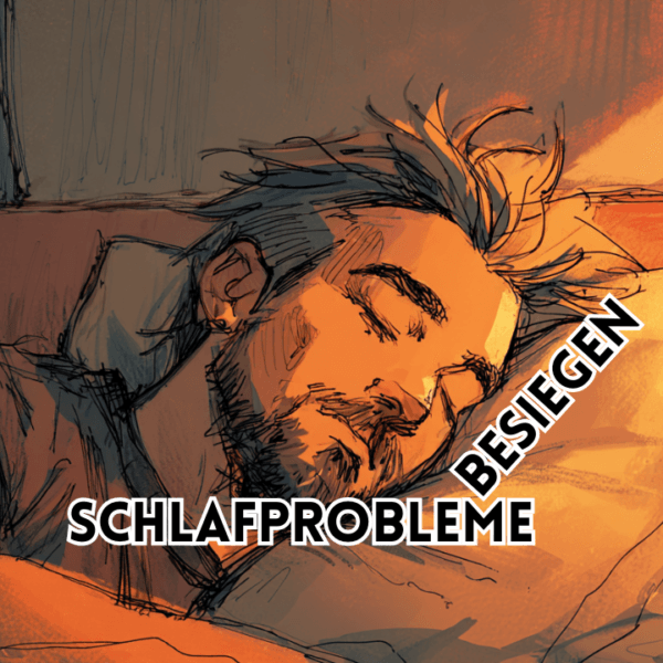 Schlafprobleme besiegen – Illustration einer schlafenden Person im Bett als symbolische Darstellung von Erschöpfung und nächtlichen Schlafstörungen.