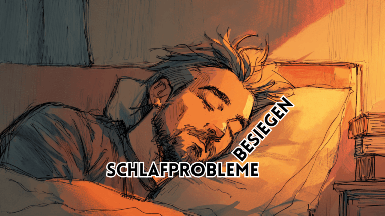 Schlafprobleme besiegen – Illustration einer schlafenden Person im Bett als symbolische Darstellung von Erschöpfung und nächtlichen Schlafstörungen.