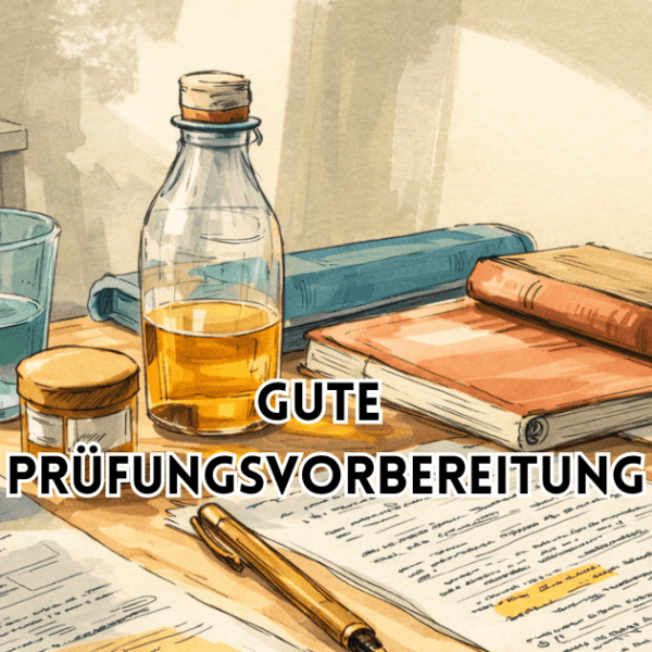 Gute Prüfungsvorbereitung – Illustration eines Schreibtischs mit Unterlagen, Büchern, Uhr und Getränken als symbolische Darstellung strukturierter Lernvorbereitung.