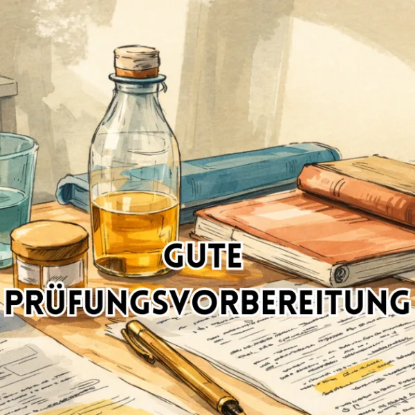 Gute Prüfungsvorbereitung – Illustration eines Schreibtischs mit Unterlagen, Büchern, Uhr und Getränken als symbolische Darstellung strukturierter Lernvorbereitung.