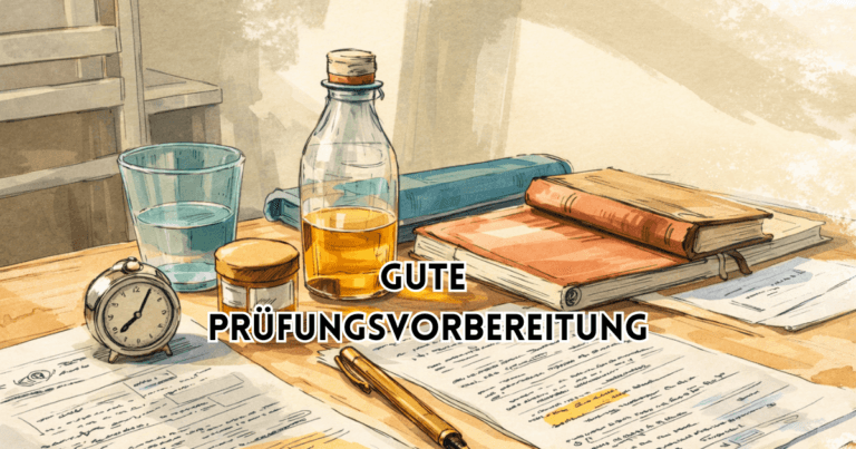 Gute Prüfungsvorbereitung – Illustration eines Schreibtischs mit Unterlagen, Büchern, Uhr und Getränken als symbolische Darstellung strukturierter Lernvorbereitung.
