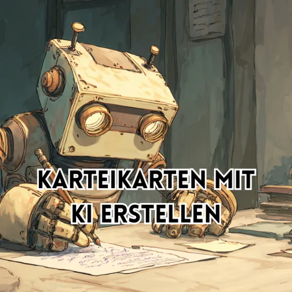 Karteikarten mit KI erstellen – Illustration eines Roboters, der am Schreibtisch Lernkarten schreibt, symbolisch für KI-gestützte Lernhilfen.