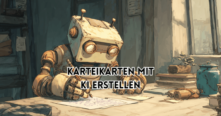 Karteikarten mit KI erstellen – Illustration eines Roboters, der am Schreibtisch Lernkarten schreibt, symbolisch für KI-gestützte Lernhilfen.