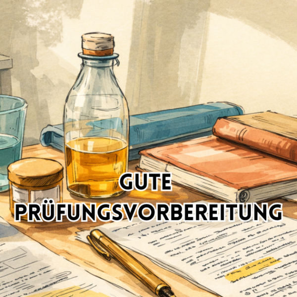 Gute Prüfungsvorbereitung – Illustration eines Schreibtischs mit Unterlagen, Büchern, Uhr und Getränken als symbolische Darstellung strukturierter Lernvorbereitung.