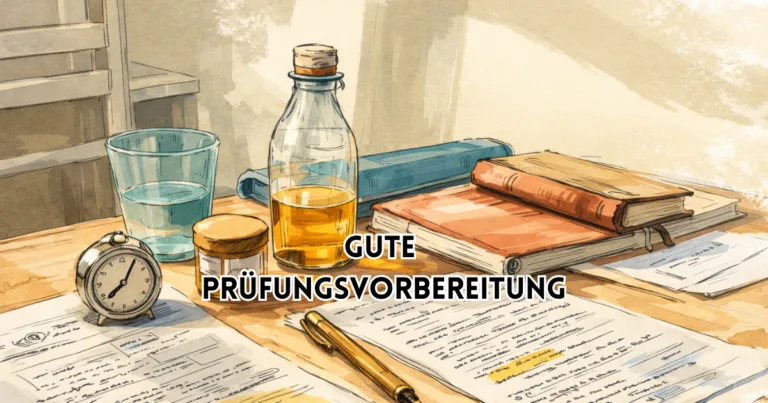 Gute Prüfungsvorbereitung – Illustration eines Schreibtischs mit Unterlagen, Büchern, Uhr und Getränken als symbolische Darstellung strukturierter Lernvorbereitung.