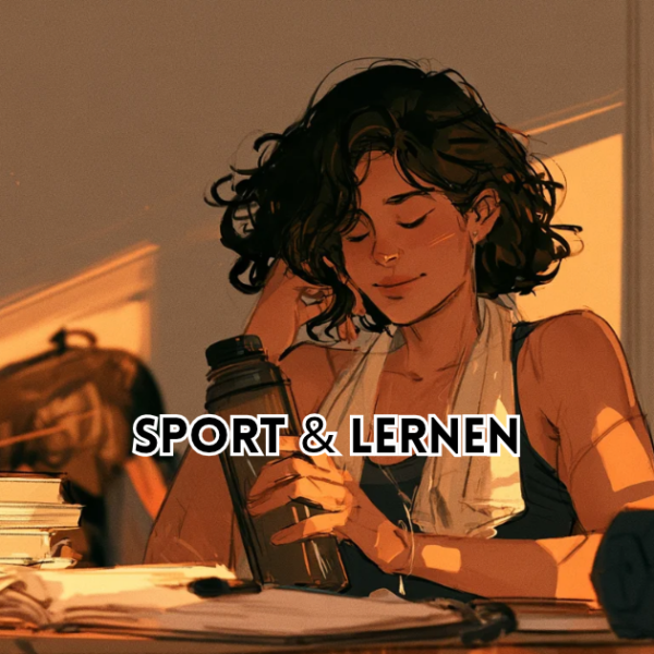 Sport und Lernen: Studentin lernt am Schreibtisch, daneben Laufschuhe, Kettlebell und Bücher zu Gedächtnis und Psychologie.