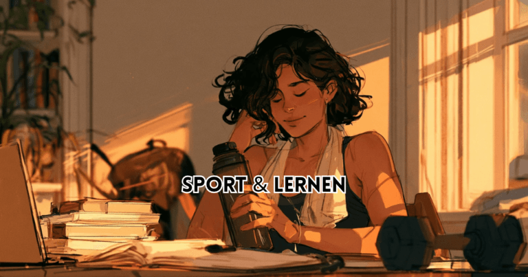 Sport und Lernen: Studentin lernt am Schreibtisch, daneben Laufschuhe, Kettlebell und Bücher zu Gedächtnis und Psychologie.