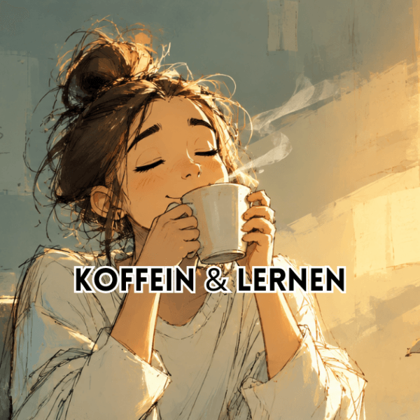 Koffein und Lernen: Junge Frau mit geschlossenen Augen genießt eine dampfende Tasse Kaffee am Schreibtisch mit Büchern und Laptop.