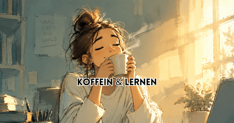 Koffein und Lernen: Junge Frau mit geschlossenen Augen genießt eine dampfende Tasse Kaffee am Schreibtisch mit Büchern und Laptop.